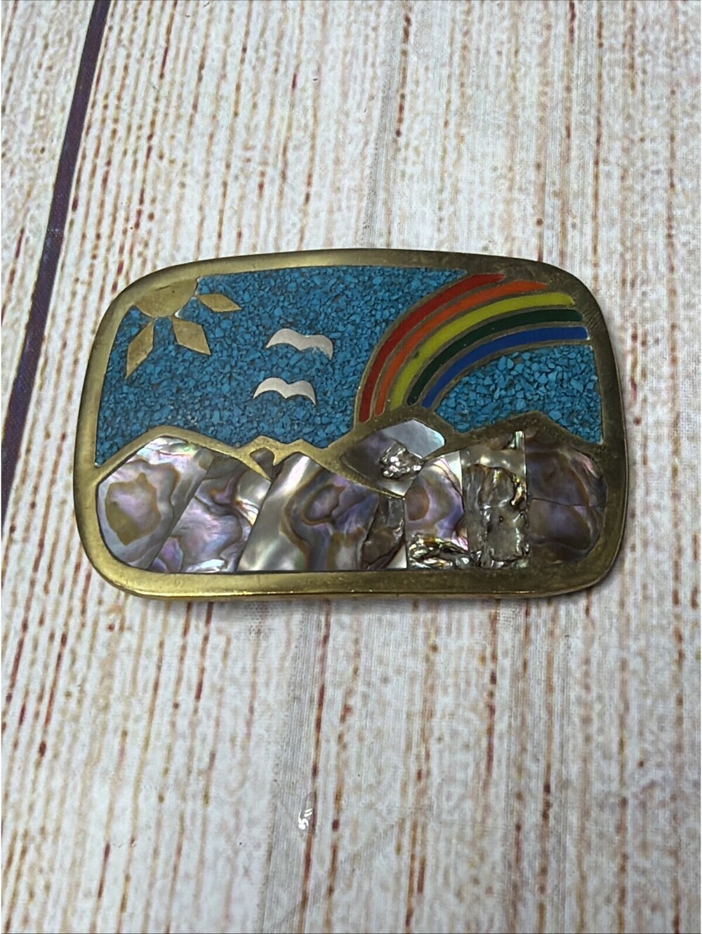 Vintage 1970’s Mexican Abalone Turquoise & Enamel and Brass Rainbow Belt Buckle